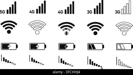 Mobile network status wifi signal strength and battery power indicators outline and solid icons set on background. Stock Vector