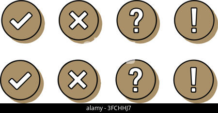 Minimalist circular check cross question and exclamation icons in warm brown tones for system status feedback. Stock Vector