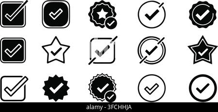 Modern black checkmark badges and star icons for product quality certification and task completion elements. Stock Vector