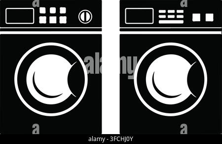 Modern washing machine icons in black silhouette style showing front load laundry equipment for household appliances. Stock Vector
