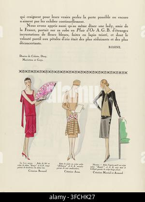 Art - Goût - Beauté, Feuillets de l' élégance féminine, February 1926, No. 66, 6th Year, p. 16, fashion print, magazine, Text with illustration of three dresses. Left: 'tea dress' of red 'crêpe de Chine 'Banjo' AGB by Bernard. Center: visiting dress of brown 'Milbourg' AGB crêpe satin trimmed with multicolored leather, by Anna. Right: afternoon dress of black 'Beauté' crêpe satin in matte and glossy, trimmed with pleated beige crêpe, by Martial et Armand. Page from the fashion magazine Art-Goût-Beauté (1920-1933)., fashion house: Bernard, fashion house: Anna, Paris, fashion house: Martial et A Stock Photo
