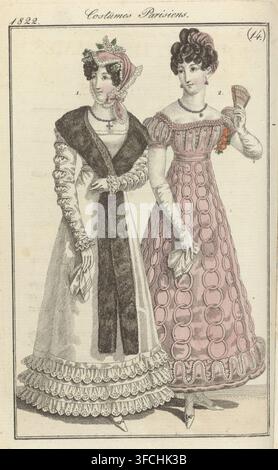 Journal des Dames et des Modes, Frankfurt edition, April 1, 1822, Costumes Parisiens (14), fashion print, In the accompanying text (pp. 383 and 384), figures 1 and 2 have been swapped. Fig. 1 (= fig 2): Hair decorated with 'gaze lamée' and a string of pearls (or beads?). Dress of tulle, decorated with 'chaînes en rouleaux' (chains) of satin and trimmed with 'pattes' of satin edged with Blonde (bobbin lace). White gloves and shoes. Fig. 2 (= fig. 1): On the head a fichu of gauze, decorated with 'blonde' (bobbin lace), in the shape of a 'marmotte' (a specific type of headscarf). Merino wool gown Stock Photo