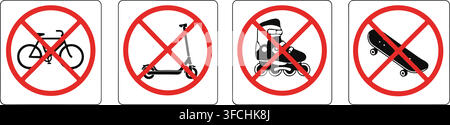 No cycling scooter roller skating or skateboarding restriction signs with red prohibition cross in squares. Stock Vector