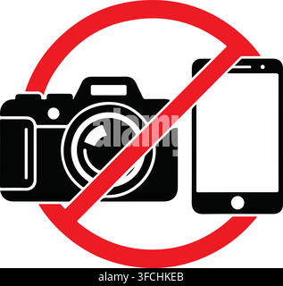 No photography allowed sign with camera and smartphone symbols prohibition symbol red circle and line. Stock Vector