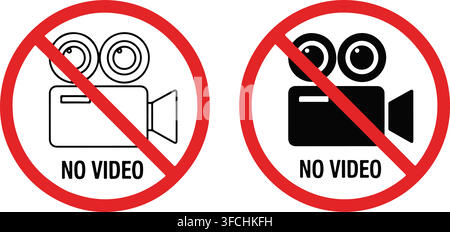 No video recording camera red ban warning signs collection in outline and solid black styles for restricted areas. Stock Vector