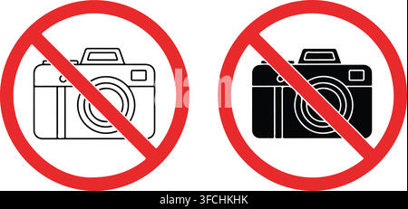 No photography prohibition sign featuring camera icons inside red circle with slash for restricted areas and zones. Stock Vector