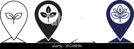 Outline and solid map pin icons with plant sprout for nature or location services, isolated on checkered background. Stock Vector