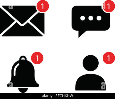 Notification icons for new messages and alerts, featuring envelope chat bell and user symbols for digital communication and app design. Stock Vector