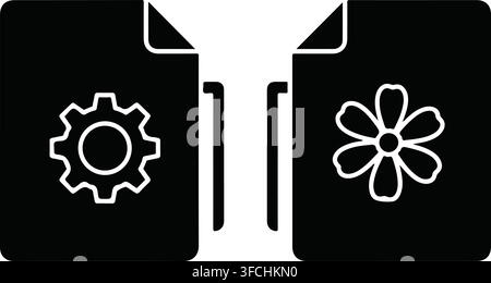 Paper file documents with gear and flower icons for office settings and design projects on grid backdrop pattern. Stock Vector