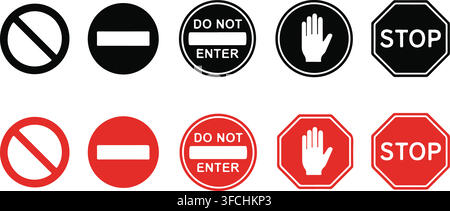 Prohibition and warning road signs collection in black and red colors showing stop hand and do not enter symbols. Stock Vector
