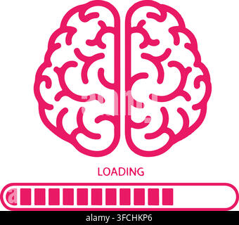 Pink human brain with loading bar indicates cognitive process at progress for technology and science. Stock Vector