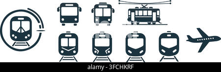 Public transportation vehicle icon set featuring modern trains buses streetcar and airplane for travel transit. Stock Vector