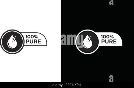 Pure water drop quality label in black and white styles with shiny stars for organic cosmetic liquid products. Stock Vector