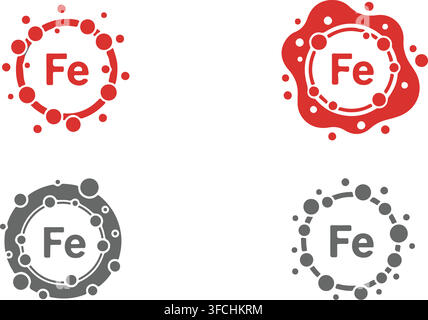 Red and grey iron fe chemical element symbols with molecular structure for science and education. Stock Vector