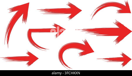 Red hand drawn arrows set with various dynamic shapes and styles for directions and highlights on layouts. Stock Vector