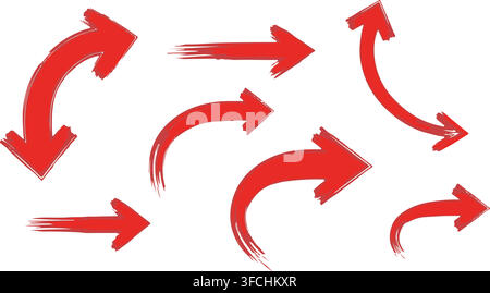 Red arrow paint stroke pointers pack with dynamic curved design elements on checkered background for direction use. Stock Vector