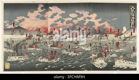 Daikosan oki kaisen jikkei, View of the naval battle near Dagushan, print, triptych, Visual overview of all ships involved in the Battle of the Yellow Sea, also known as the naval battle near Dagushan of September 17, 1894 during the First Sino-Japanese War (1894-1895)., label, Japan, publisher: Katsuki Yoshikatsu, 1894, printmaker, paper, color woodcut, black line block with color blocks, height 370 mm x width 720 mm, battle (+ naval force), ships (in general) - CC - more than one ship, First Sino-Japanese War (1894-1895)., A panoramic scene of a naval battle across a choppy sea under a sky Stock Photo