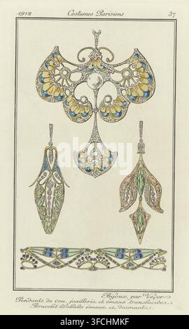 Journal des Dames et des Modes, 1912, Costumes Parisiens, no. 37: Bijoux par Vever, fashion print, caption: 'Robe de promenade en Sarah à damiers et taffetas peint à la main, bordée de velours noir: Chapeau de paille orné d'un panache en duvet de Cygne', after design by anonymous, Paris, after design by, paper, engraving, height 180 mm x width 110 mm, fashion plates, Period., An off-white page with a thin double-lined rectangular border contains several ornate jewelry illustrations rendered in fine black lines and pale watercolor shades; near the top is a large symmetrical pendant with a Stock Photo