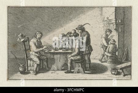 Smoking men in an interior, print, Smoking men in an interior. Five men playing cards at a table, two men sitting by a fireplace., inspirator: David Teniers (I), c. 1690 - c. 1733, printmaker, paper, etching, height 703 mm x width 120 mm, Leeflang, 2011-06-09, playing-cards, pipe, tobacco, smoking, cards., A black and white etching showing a group of people inside a simple interior. At a central wooden table, men sit and stand around, some holding small rectangular objects and one with a hand extended toward the surface; one seated man on the left faces slightly toward the viewer with a hat ha Stock Photo