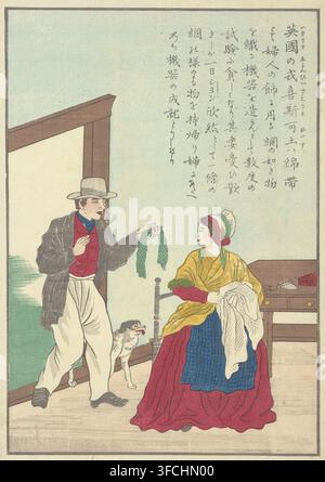 William Lee, inventor of the knitting machine, print, A man shows a knitted cloth to a seated woman. The Japanese text tells how the Englishman William Lee (ca. 1563-1614) invented a knitting machine. (Yokohama-e)., Japan, 1868 - 1912, printmaker, paper, woodcut, height 0 mm x width 0 mm, Person, knitting, invention, discovery, science and technology., A standing man wearing a light-colored brimmed hat, a dark jacket over a red vest and light trousers holds a patterned cloth toward a seated woman while a small dog stands near his legs; the seated woman wears layered clothing including a yellow Stock Photo