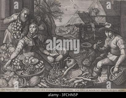 Market scene, print, On the left a vegetable seller and an old man holding up a bunch of onions, on the right a young seller of chickens and eggs. In the background a landscape with a farm. Unmarked, mirror-image copy of the print by Jacob Matham after a painting by Pieter Aertsen., caption: 'Les merches sont fort necessaires aux humains sans contredire, car tout le monde yci trouve ce quil desire', printmaker: Abraham van Lier, after print by Jacob Matham, after painting by Pieter Aertsen, publisher: Theodoor Galle, c. 1603 - c. 1620, Jacob Matham, after print by, paper, engraving, gravure, h Stock Photo