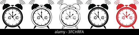 Set of alarm clock icons in various styles including outline and solid black and red colors for wake up time concepts. Stock Vector