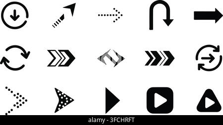 Set of black vector arrows for user interface design indicating various directions and actions for navigation. Stock Vector