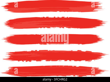 Set of abstract red grunge paint brush strokes for artistic design elements and creative backgrounds. Stock Vector