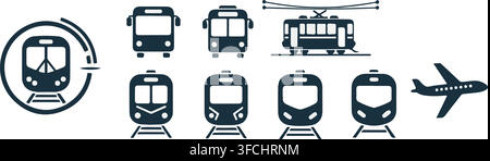 Set of transportation icons including bus tram train and airplane symbols for travel and transit apps and websites. Stock Vector