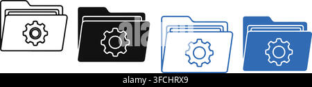 Settings folder icon collection in black and blue colors for organizing digital document configurations and system. Stock Vector