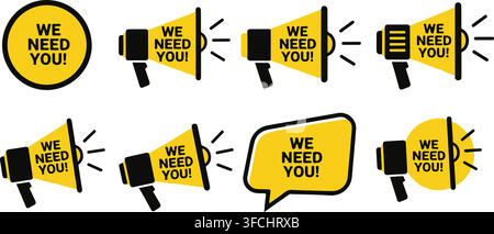 Set of yellow and black megaphones and alert symbols with text we need you for recruitment hiring and announcements. Stock Vector