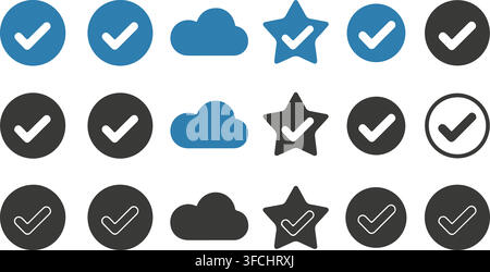 Set of various checkmark icons including clouds stars and circles for verification tasks. Stock Vector