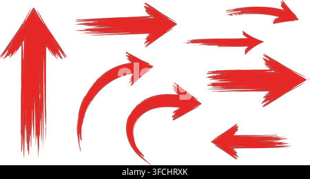 Set of various red grunge brush stroke arrows pointing in different directions, isolated on transparent background for design. Stock Vector
