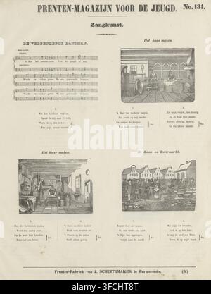 Print magazine for youth, Art of singing, Large and good, print, Sheet with musical piece 'De vergenoegende landman' and 3 scenes: cheese making, butter making and the cheese and butter market. Below the scenes various verses of the musical piece. Numbered top right: No. 131, bottom left: (6.)., publisher: Jan Schuitemaker, Purmerend, Netherlands, 1853, printmaker, paper, letterpress printing, wood engraving, wood engraving and text in letterpress, height 410 mm x width 326 mm, cheese, printed edition of musical score, marketing, shopping (, household management), butter., A large sheet with s Stock Photo