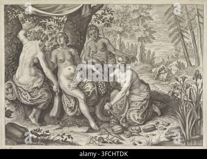 Nymphs filling the horn of plenty, Metamorphoses by Ovid, print, In the background, Hercules is fighting the river god Achelous, who has assumed the form of a bull. During this fight, Hercules breaks off one of Achelous' horns. In the foreground, nymphs fill the horn with fruits and vegetables., number: '52', annotation: 'Achelous horn filled with apples and washed fruits. lib. 8.', printmaker: Crispijn van de Passe (II), publisher: attributed to Crispijn van de Passe (II), c. 1636 - 1670, Crispijn van de Passe (II), printmaker, Attributed to, paper, engraving, proof, height 163 mm x width 226 Stock Photo