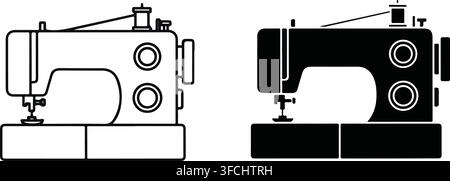Sewing machine vector graphic set featuring outline and solid styles for garment repair and tailoring workshop logos. Stock Vector