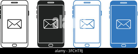 Smartphone with email icon on screen template set in black outline and blue variations for contact us concept design. Stock Vector