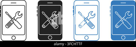 Smartphone repair service icons in outline and filled styles with screwdriver and wrench on screen. Stock Vector
