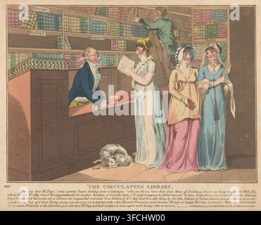 The circulating library, Three women in a lending library, print, A woman stands in front of the counter with a catalogue in her hands. She discusses the selection with the librarian, a man with a quill behind his ear who stands on the other side of the counter. In the background, a man on a ladder is busy putting books back., publisher: Laurie & Whittle, London, 1804, printmaker, paper, etching, hand coloring, hand-colored, height 200 mm x width 252 mm, public library., A room with tall wooden bookshelves filled with rows of books and a sliding ladder, a counter where a man in a dark coat and Stock Photo