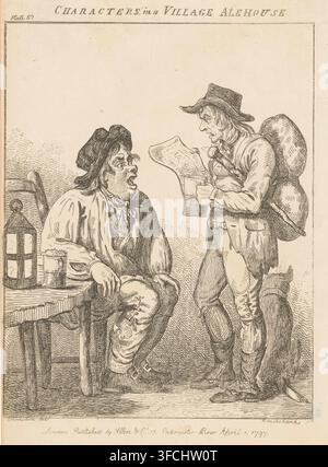 Characters in a village alehouse (original title), Two men in a village pub in Derbyshire, Genre scenes from various parts of England and Wales, Eccentric Excursions or Literary & Pictorial Sketches of Countenance, Character and Country, print, book illustration, Series number, 87, 100, A man with a pipe in his hands sits at a table on which stand a glass of beer and a lamp. Opposite him stands a traveling salesman with a pack on his back and a stick under his arm. In one hand he holds a glass of beer, in the other a newspaper. Numbered top left: Plate 87., printmaker: Isaac Cruikshank, after Stock Photo