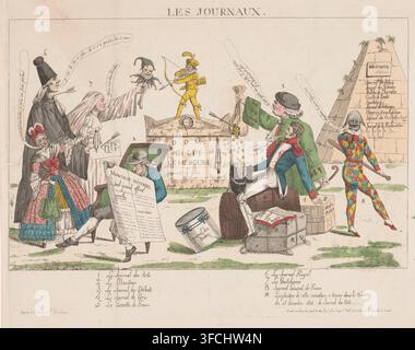 The Journals, Personifications of Eight Magazines, Print, Cartoon featuring eight personifications depicting various magazines. Among them are a Pierrot, a soldier on a barrel, and a nun holding a skull wearing a jester's hat. Six of the personifications speak via speech bubbles. A legend below the image., in or before 1814-12, printmaker, paper, etching, hand coloring, hand-colored, height 327 mm x width 437 mm, newspaper, news-sheet, political caricatures and satires, (human) skull, types in 'commedia dell'arte': Pierrot, Abstract Ideas and Concepts (+ personification)., A colored engraving Stock Photo