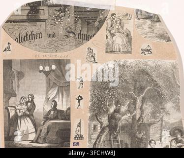 A collage of engraved black and white illustrations printed on tan paper showing portions of interior and outdoor scenes, including a seated man at a table with a lamp and cup while another man stands nearby holding a woman who is seated on a chair, a large leafy tree with figures climbing and standing beneath it, a man on a ladder in the tree, a woman with a wide-brimmed hat visible at the lower edge, and several small decorative vignettes and floral ornamentation arranged around the larger images. Stock Photo