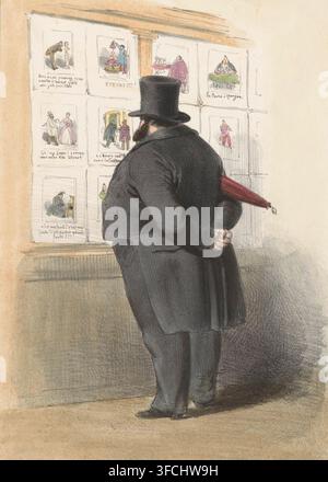 Man in front of a shop window with prints, print, A man in a tailcoat and top hat, an umbrella clutched under his arm, looks at satirical prints hanging in a shop window., 1810 - c. 1900, printmaker, paper, lithography, hand coloring, hand-colored, height 236 mm x width 168 mm, eg: engraving, etching, lithograph, shop-window, show-window., A rear view of a man wearing a dark overcoat and a tall black top hat, standing with hands clasped behind his back and holding a folded red umbrella, facing a wall covered with framed small colored illustrations; the man has a dark beard and his coat shows Stock Photo