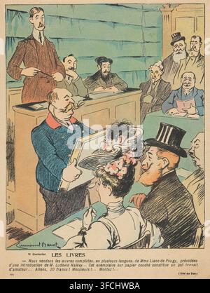The Books, Book Auction, illustration, print, Interior of an auction room with a holder holding a folio in the center. The auctioneer, Couturier, stands on a raised platform. Buyers are sitting and standing around behind small tables. Numbered lower left: 117., printmaker: Emmanuel Barcet, printer (person): E. Victor, Paris, in or before 1905-05-20, printer (person), paper, color lithography, height 316 mm x width 238 mm, Person, art sale, auction, political caricatures and satires, book, caricatures (human types)., A colored illustration shows a crowded interior scene with multiple people Stock Photo