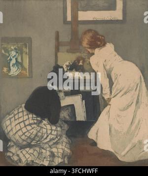 Two Women Looking at Art, Two Women looking at Prints, print, printmaker: Manuel Robbe, Paris, 1898, paper, color aquatint, aquatint in colors, height 0 mm x width 0 mm., A cropped scene showing two women leaning toward an easel and small painting; one woman with reddish hair pulled back wears a light-colored dress and bends forward, the other with dark hair in a bun wears a dark top and a patterned skirt with a grid design and is seated or kneeling. The easel holds a small framed image that appears to depict figures, and a framed artwork with an abstract pale form is mounted on the wall Stock Photo