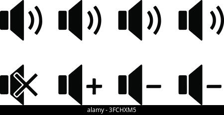 Sound speaker volume control icons with mute plus and minus symbols for user interface and audio application design. Stock Vector