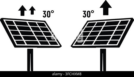 Solar panels angling optimization graphic icons with arrows and thirty degrees inclination text for clean energy use. Stock Vector