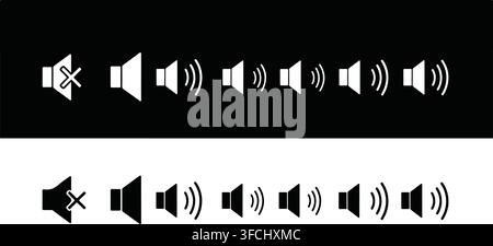 Speaker volume levels icon set in black and white styles on transparent background for audio control interface design. Stock Vector
