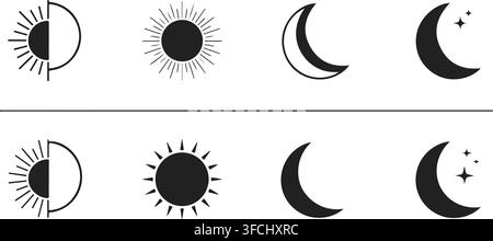 Sun and moon icon collection showing day night cycle and brightness modes for weather app mobile user interface. Stock Vector
