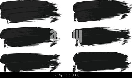 Six realistic black brush stroke textures for artistic backgrounds grunge effects and creative design elements. Stock Vector